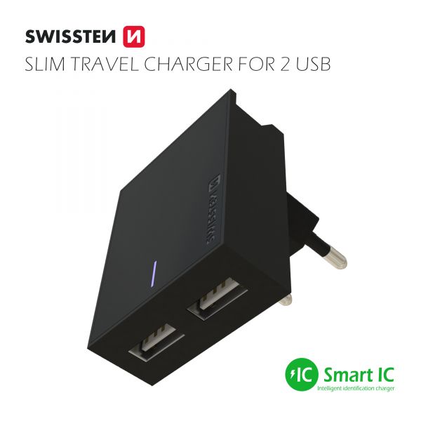 SWISSTEN TRAVEL CHARGER SMART IC MIT 2x USB 3A POWER SCHWARZ - Swissten