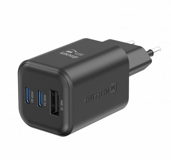 Swissten Travel Charger GaN 2x USB-C 65W PD + 1x USB-A 18W QC Schwarz - Swissten
