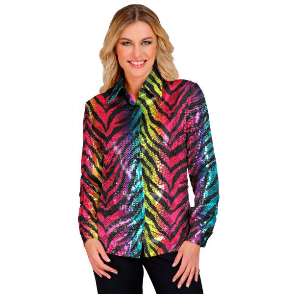Party Fashion Bluse (Paillettenbluse in Tigermuster Regenbogen), L/XL - Widmann