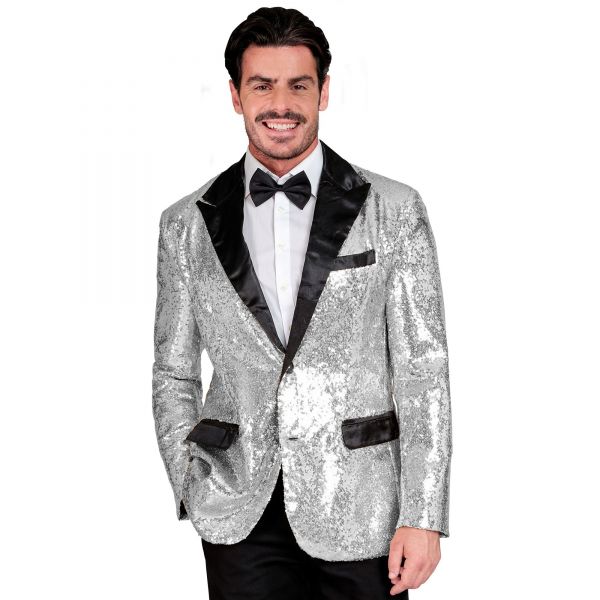 Party Fashion Jackett (Pailletten Jackett mit Satinkragen und -Taschen Silber), S - Widmann