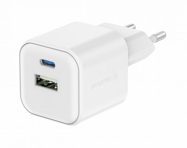 Swissten Travel Charger GaN 1x USB-C 20W PD und 1x USB-A 18W QC Weiss - Swissten