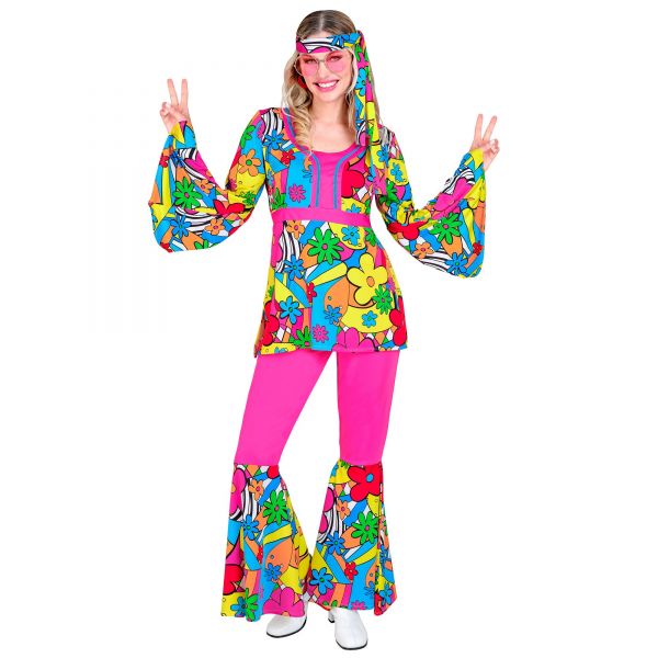The 60s Fashion - Flower Power (Oberteil, Hose, Stirnband), L - Widmann