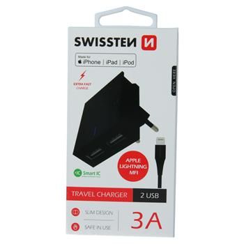 SWISSTEN TRAVEL CHARGER SMART IC MIT 2x USB 3A POWER + DATA CABLE USB / LIGHTNING MFi 1,2 M SCHWARZ - Swissten