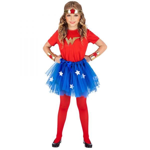 Wonder Girl (T-Shirt, Tutu, Stirnband, Armstulpen), 110 cm / 3-4 Jahre - Widmann