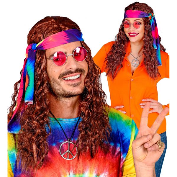 Braune Hippieperücke mit Batik Stirnband, - Widmann