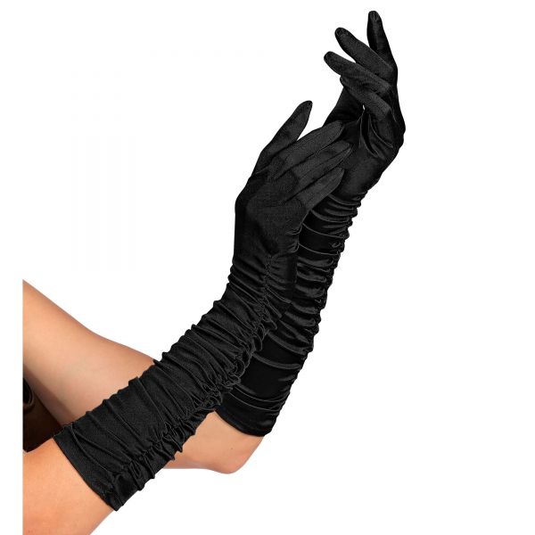 Geraffte schwarze Satin Handschuhe in Elasthan 44 cm, - Widmann