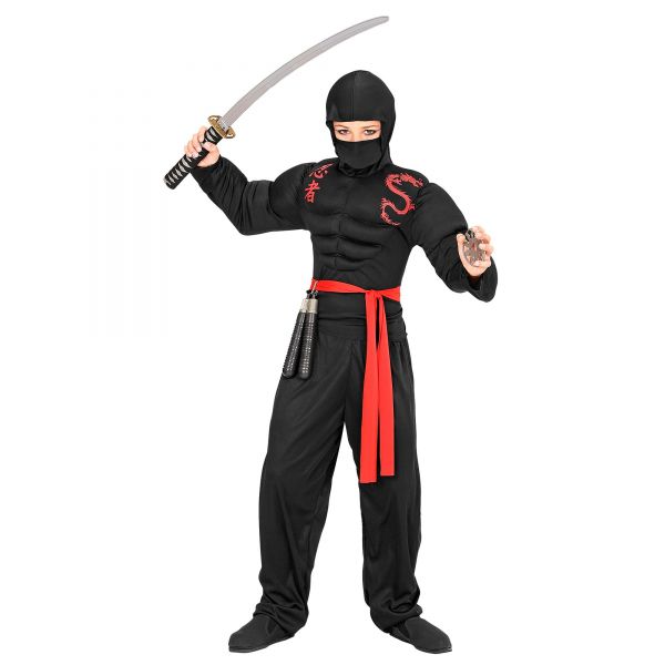 Super Muskel Ninja (Muskelshirt mit Kapuze, Gesichtsmaske, Hose, Gürtel), 140 cm / 8-10 Jahre - Widmann
