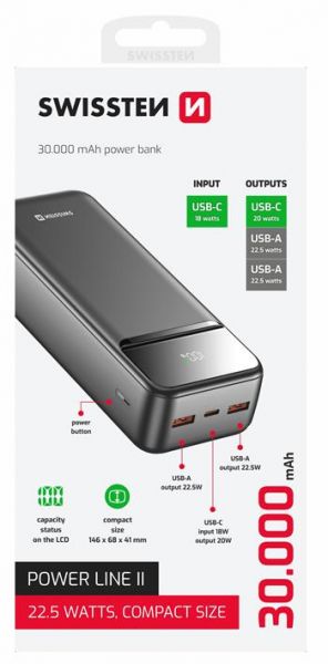 Swissten Powerbank 30000 mAh Power Line II Black - Swissten