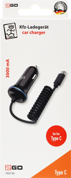 2GO Car Charger für USB TYP C 3A schwarz mit fixem Kabel - 2Go