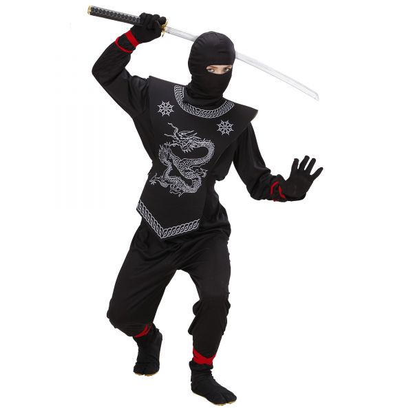 Schwarzer Ninja (Oberteil mit Bändern, Hose mit Bändern, Brustschutz, Maske), 128 cm / 5-7 Jahre - Widmann