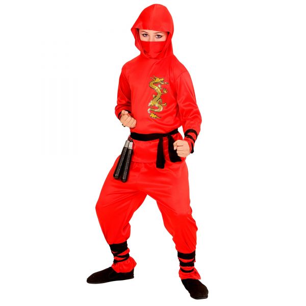 Red Dragon Ninja (Oberteil mit Kapuze, Hose, Gürtel, Maske, Arm- und Beinbänder), 140 cm / 8-10 Jahr - Widmann