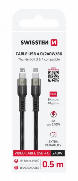Swissten Daten/Video Kabel 240W USB-C 4.0, 0.5m, schwarz - Swissten