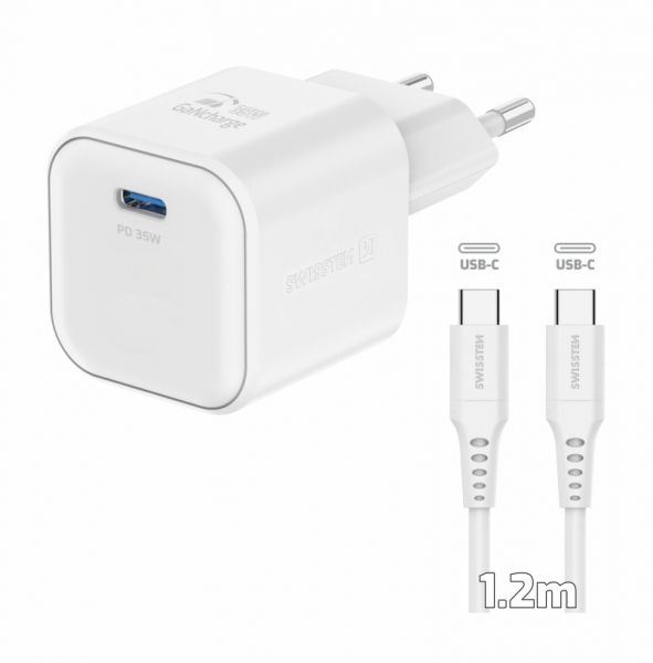 Swissten Travel Charger GaN 1x USB-C 35W PD Weiss + Datenkabel USB-C/USB-C 1,2 M Weiss - Swissten