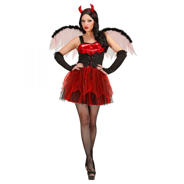 Teufelin (Kleid, Flügel, Fingerlose Handschuhe, Hörner), L - Widmann