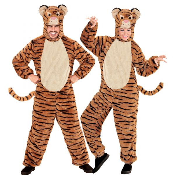 Tiger Soft Plüschkostüm (Overall mit Kapuze und Maske), M/L - H 175 cm - Widmann