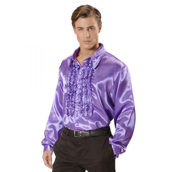 70Er Jahre Disco Fashion - Violett (Rüschenhemd aus Satin), XXL - Widmann