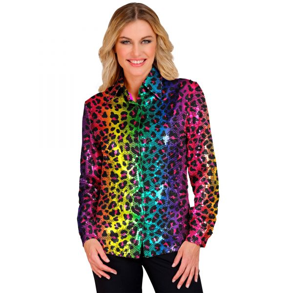 Party Fashion Bluse (Paillettenbluse in Leopardenmuster Regenbogen), L/XL - Widmann