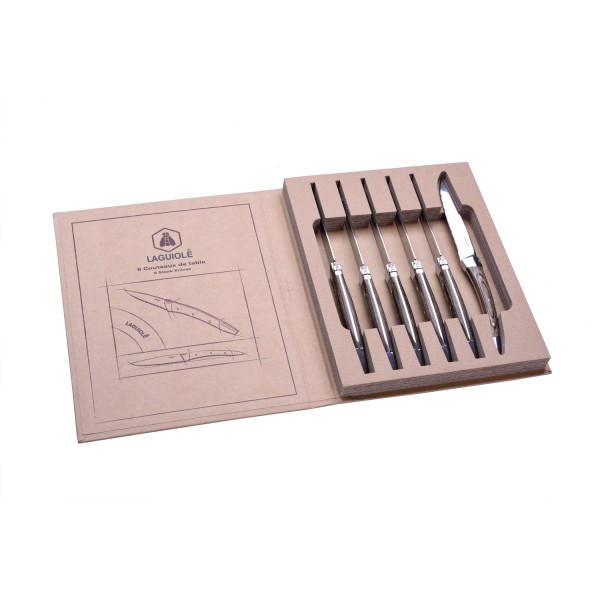 Laguiole Set aus 6 Steakmessern - Holzgriff - vergrautes Holzfarben - Klinge : 10,5 cm - Laguiole