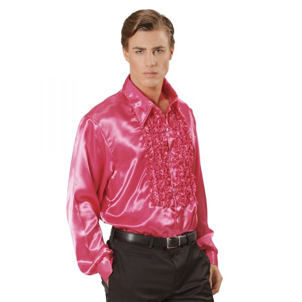 70Er Jahre Disco Fashion - Pink (Rüschenhemd aus Satin), XXL - Widmann
