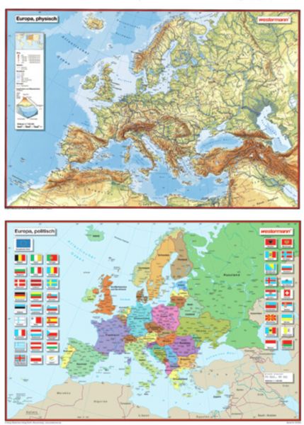 Westermann Europa, politisch, Posterkarte. Europa, physisch, 2 Tle.: Staaten mit Flaggen; Relief, Ge - Westermann
