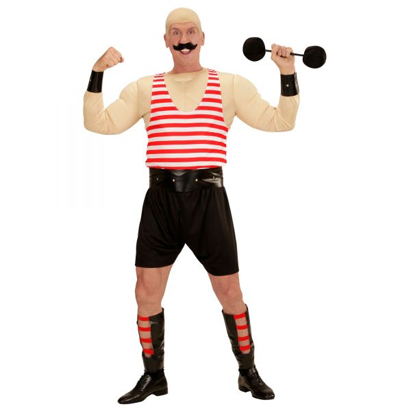 Muskelmann (Muskelshirt, Unterhemd, Shorts, Gürtel, Armschoner, Beinschoner, Hanteln), M/L - Widmann