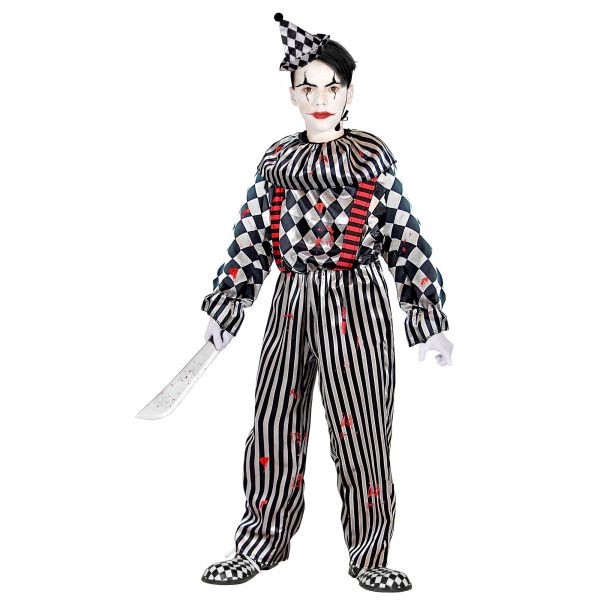 Retro Clown (Overall mit Clownkragen und Hosenträgern, Kopfbedeckung), 116 cm / 4-5 Jahre - Widmann