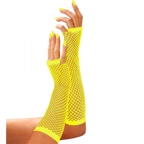 Neon gelbe Fingerlose Netzhandschuhe 33 cm, - Widmann