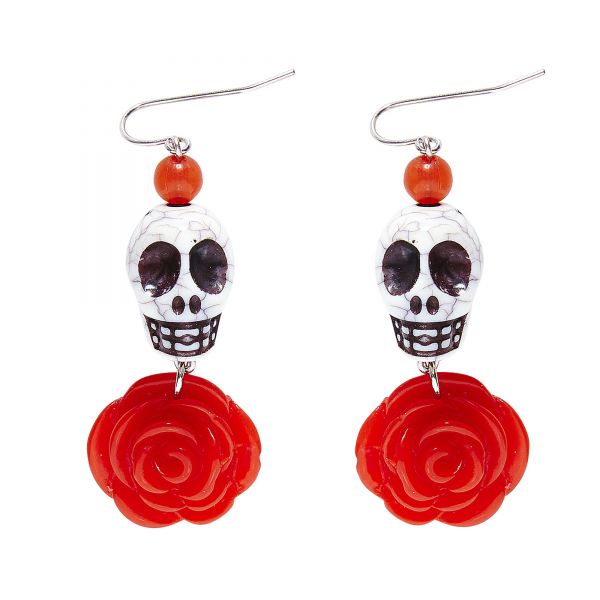 Ohrringe mit Weissem Totenkopf und roter Rose, - Widmann