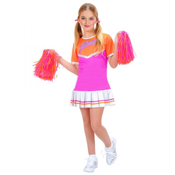 Cheerleader Orange/Pink (Kleid, 2 Pom Poms), 158 cm / 11-13 Jahre - Widmann