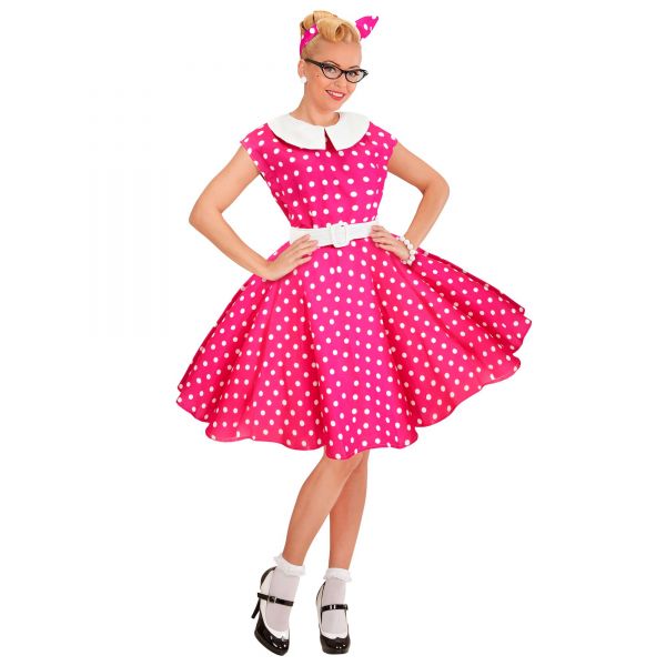 50er Jahre Rock'N'Roll Mode Hot Pink (Kleid mit Petticoat, Gürtel, Haarband), S - Widmann