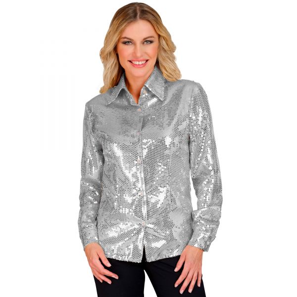 Party Fashion Bluse (Paillettenbluse Silber), S/M - Widmann