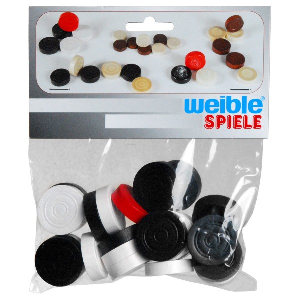 WEIBLE Carrom Spielsteine Standard 10 Steine schwarz u. weiss, 2 rote Queens, Ahornholz - WEIBLE