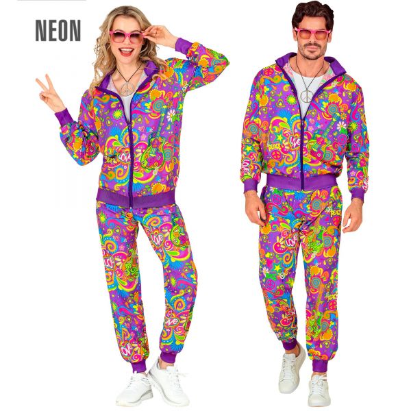 Neon Flower Power Hippie Party Fashion Trainingsanzug (Oberteil, Hose), M - Widmann
