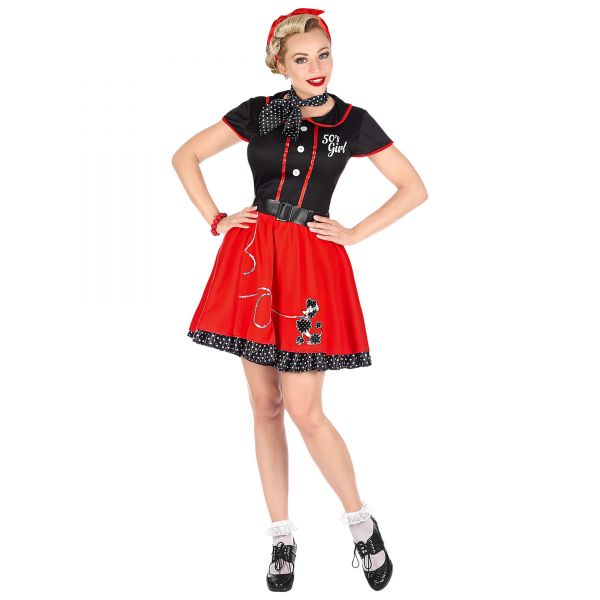50er Jahre Girl (Kleid mit Petticoat, Gürtel, Halstuch), S - Widmann