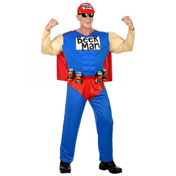Super Beer Man (Muskel Overall mit Umhang, Gürtel mit Dosenhalter, Basecap), XXL - Widmann