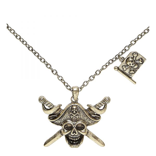 Halskette mit Piratentotenkopf & Gekreuzten Schwertern mit Piratenflagge, - Widmann