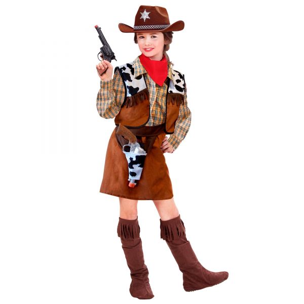 Cowgirl (Hemd, Weste, Rock, Gürtel mit Holster, Überstiefel), 128 cm / 5-7 Jahre - Widmann