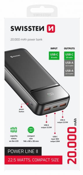 Swissten Powerbank 20000 mAh (22.5 Watt) Power Line II, Schwarz - Swissten