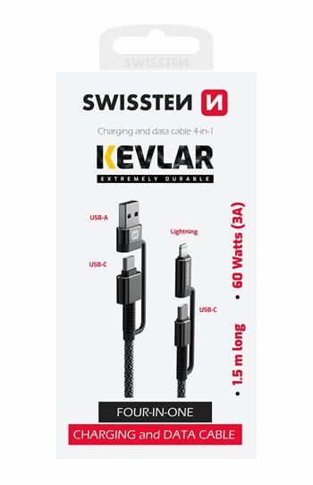 Swissten Kevlar 4in1 USB-C inkl. Lighting und USB-A Adapter, 1.5 m Schwarz - Swissten