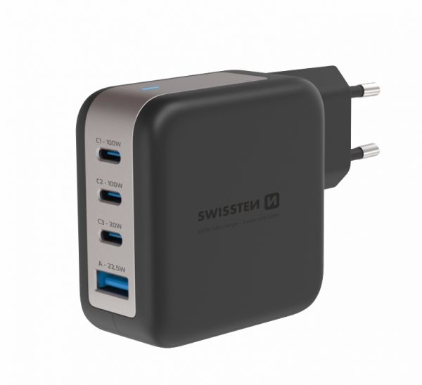 Swissten Travel Charger GaN 3x USB-C 100W PD + 1x USB-A 18W QC Schwarz - Swissten