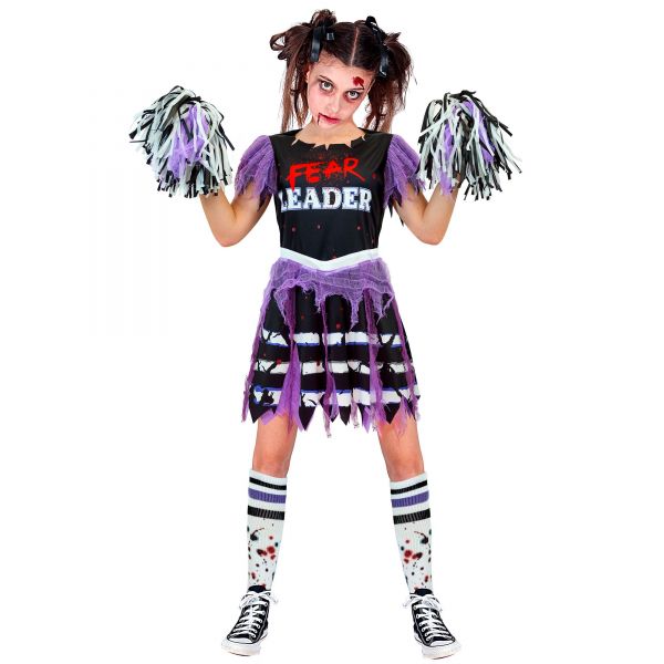 Zombie Cheerleader (Kleid, Strümpfe, Pompon), 140/8-10 Jahre - Widmann