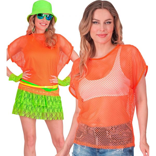 Neon orangenes Netzshirt, XXL - Widmann