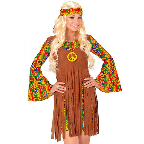 Hippie Girl (Kleid mit Weste, Stirnband, Kette mit Peace-Zeichen), M - Widmann