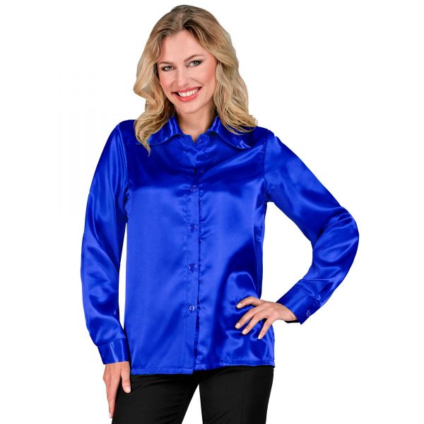 Blaue 70S Disco Bluse aus Satin, M - Widmann