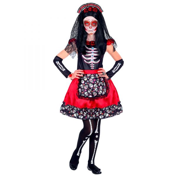 Mujer Dia De Los Muertos (Kleid, Armstulpen, Haarreif mit Schleier), 164 cm / 14-16 Jahre - Widmann