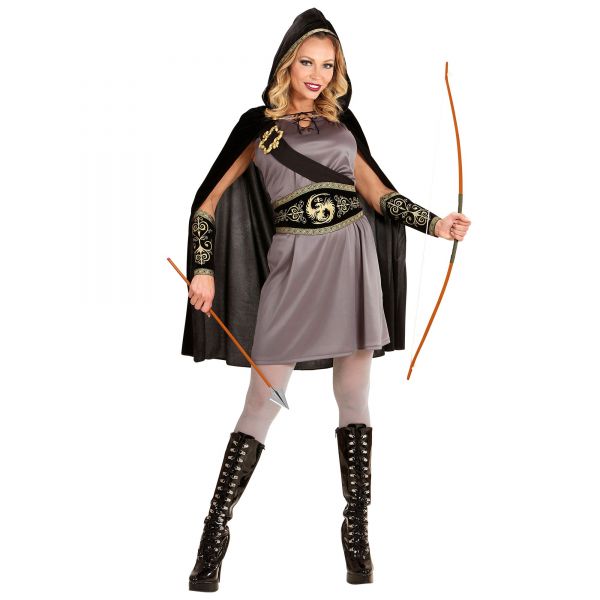 Bogenschützin (Kleid, Gürtel, Schulterriemen mit Schnalle, Armstulpen, Umhang mit Kapuze), XS - Widmann