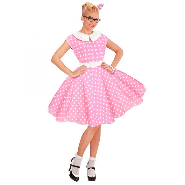 50er Jahre Rock'N'Roll Mode Rosa (Kleid mit Petticoat, Gürtel, Haarband), L - Widmann