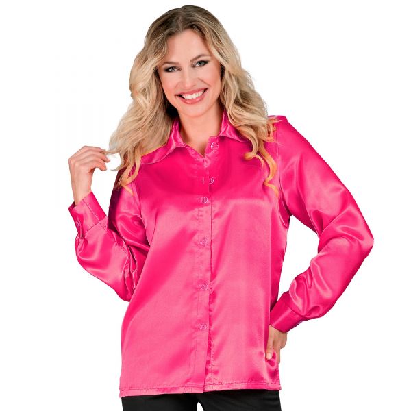 Pinke 70S Disco Bluse aus Satin, L - Widmann