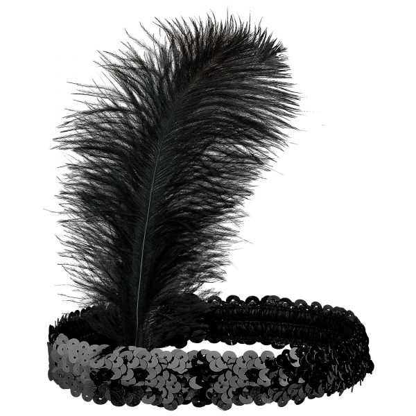 Schwarzes Pailletten Stirnband mit Feder, - Widmann