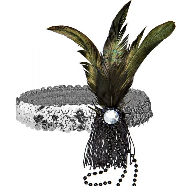 Silbernes Stirnband mit Pailletten, Federn und Perlen, - Widmann